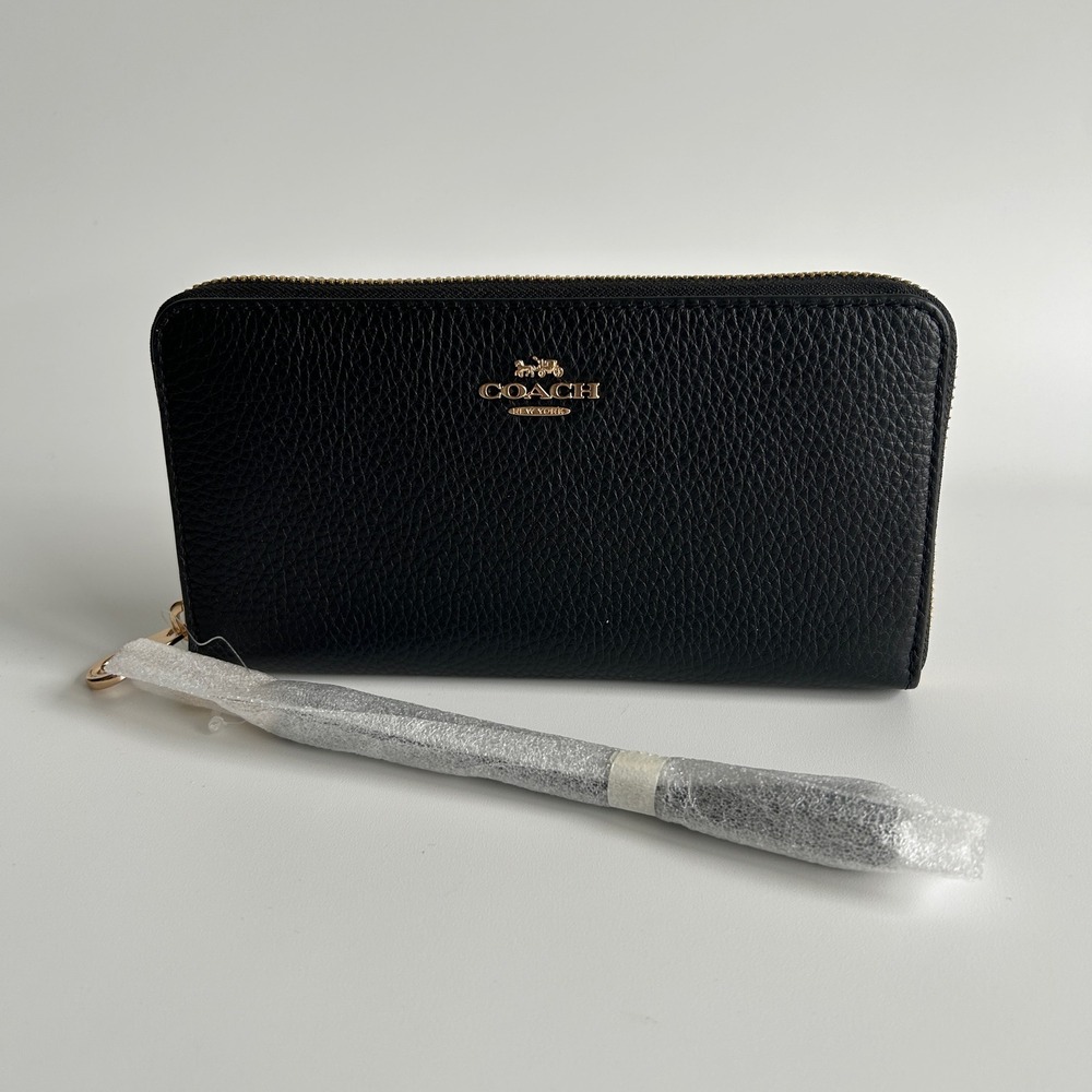 Coach Long Zip Around Black‎ Pebbled Leather Wallet C4451 NEW
